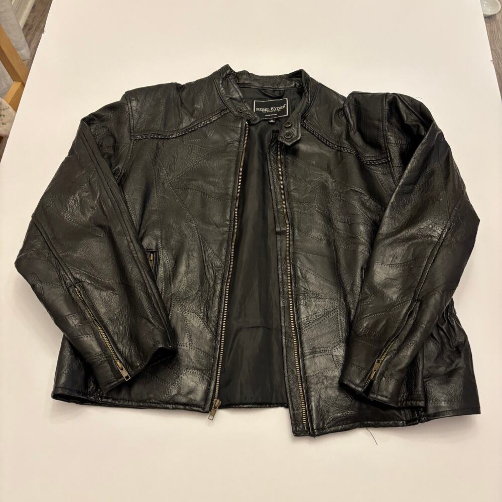 Rebel Ryder Mens XL Genuine Leather Jacket Black Patchwork Moto Cafe Racer Biker